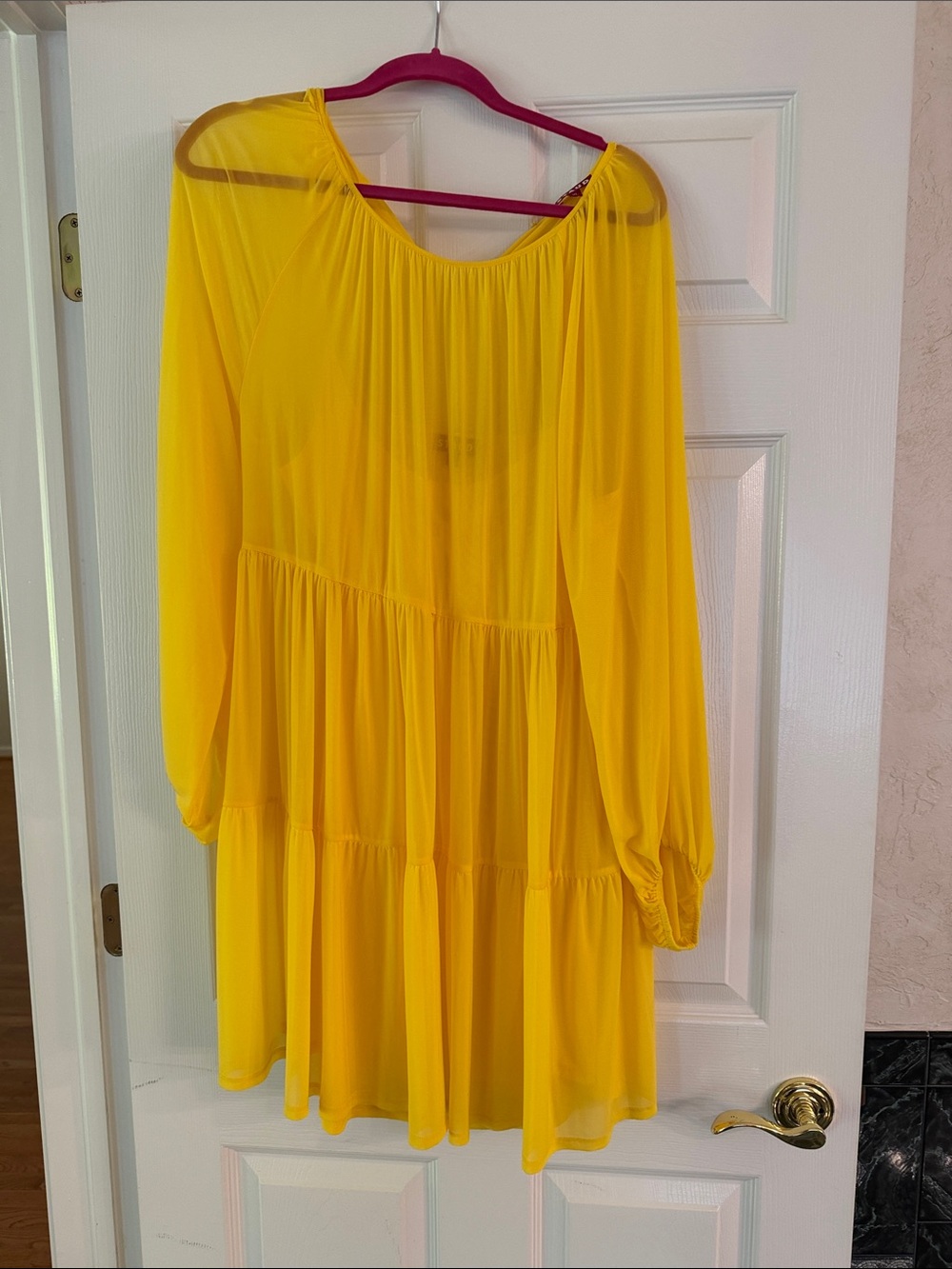 STAUD Yellow Sheer V-Neck Tiered Dress